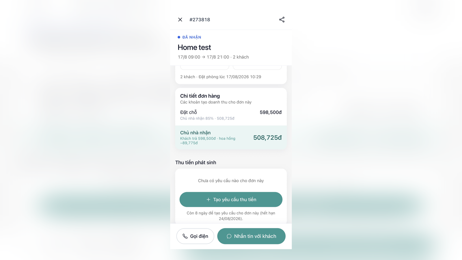 Tạo yêu cầu thu tiền - App host