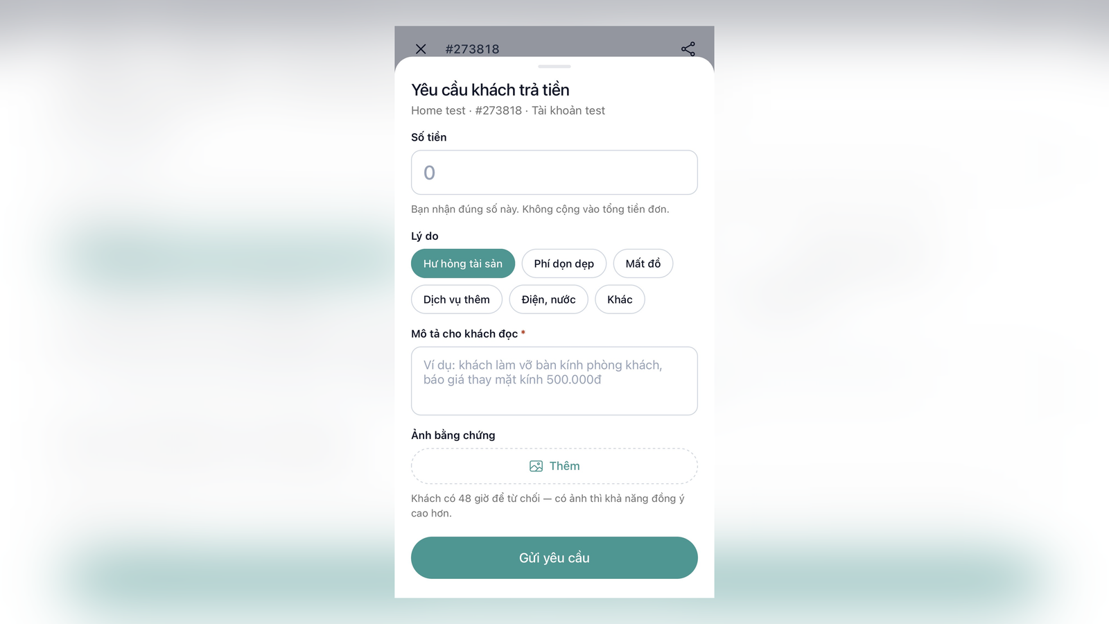 Chi tiết yêu cầu thu tiền - App host