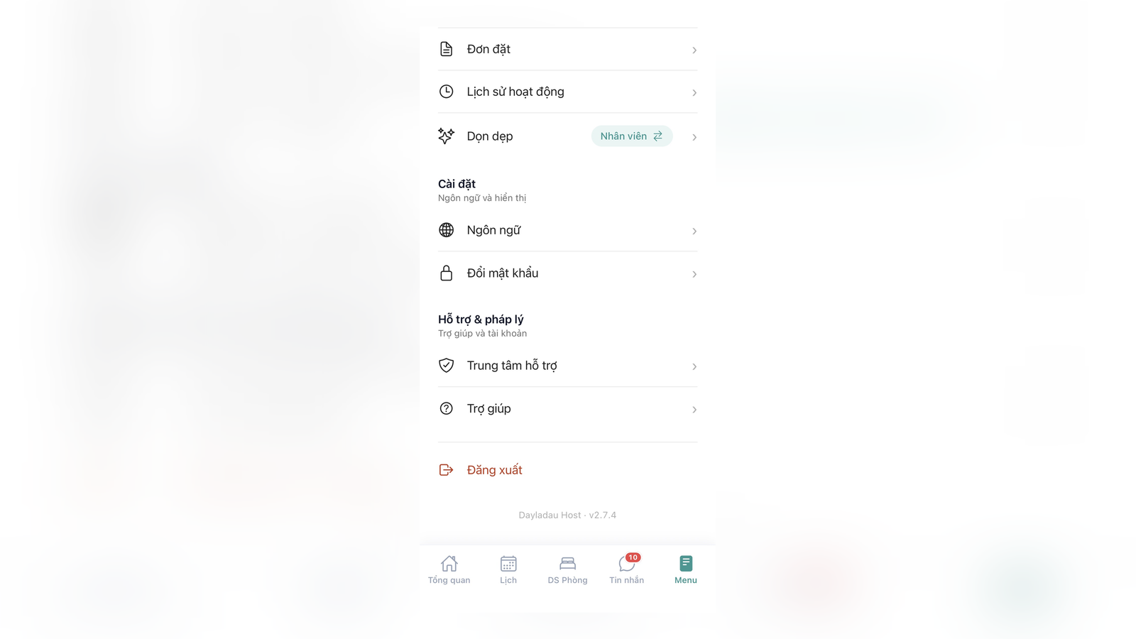 Giao diện trung tâm hỗ trợ - menu - app host
