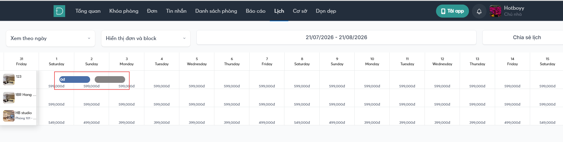Giao diện phần lịch - web host