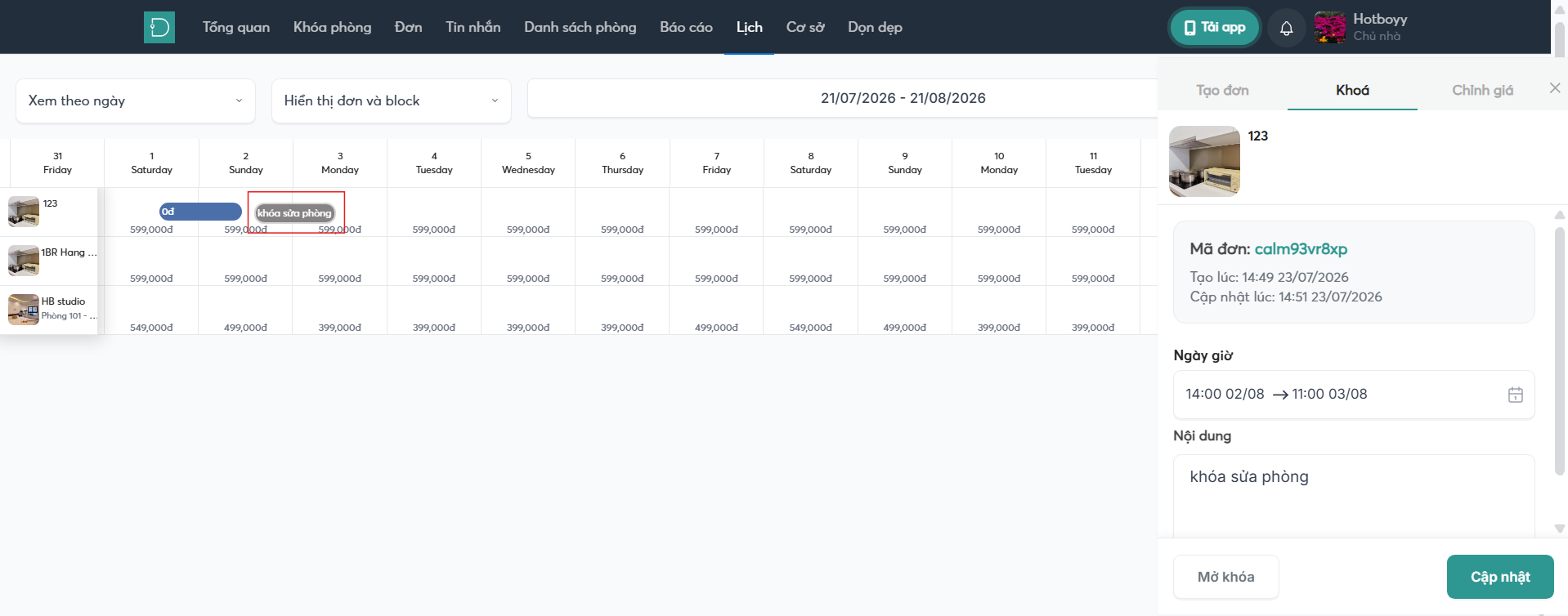 Giao diện lịch - web host