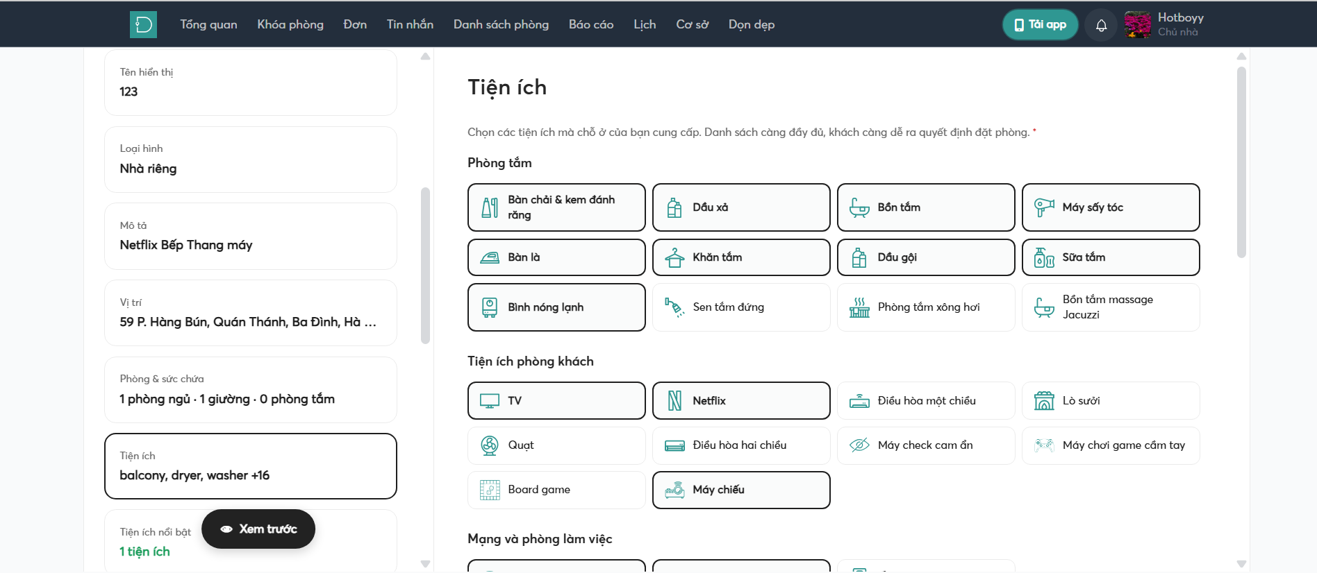Giao diện cập nhật tiện ích - web host