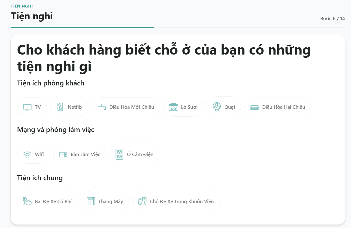 Giao diện tích chọn tiện ích khi tạo listing mới - web host