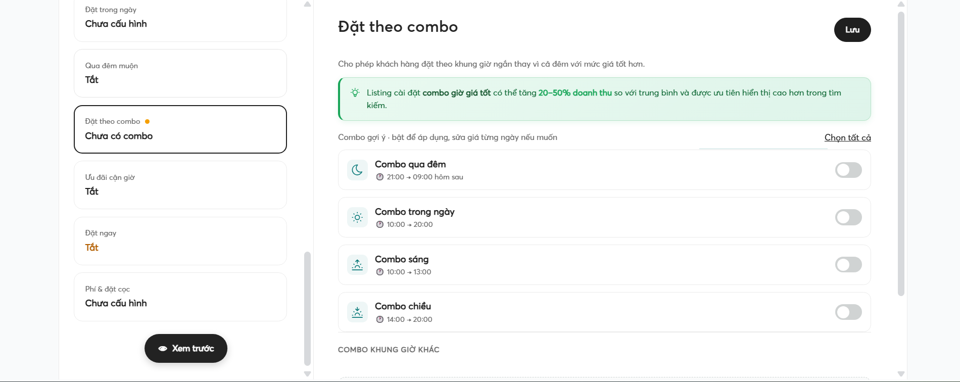 Giao diện chỉnh combo trên listing - web host
