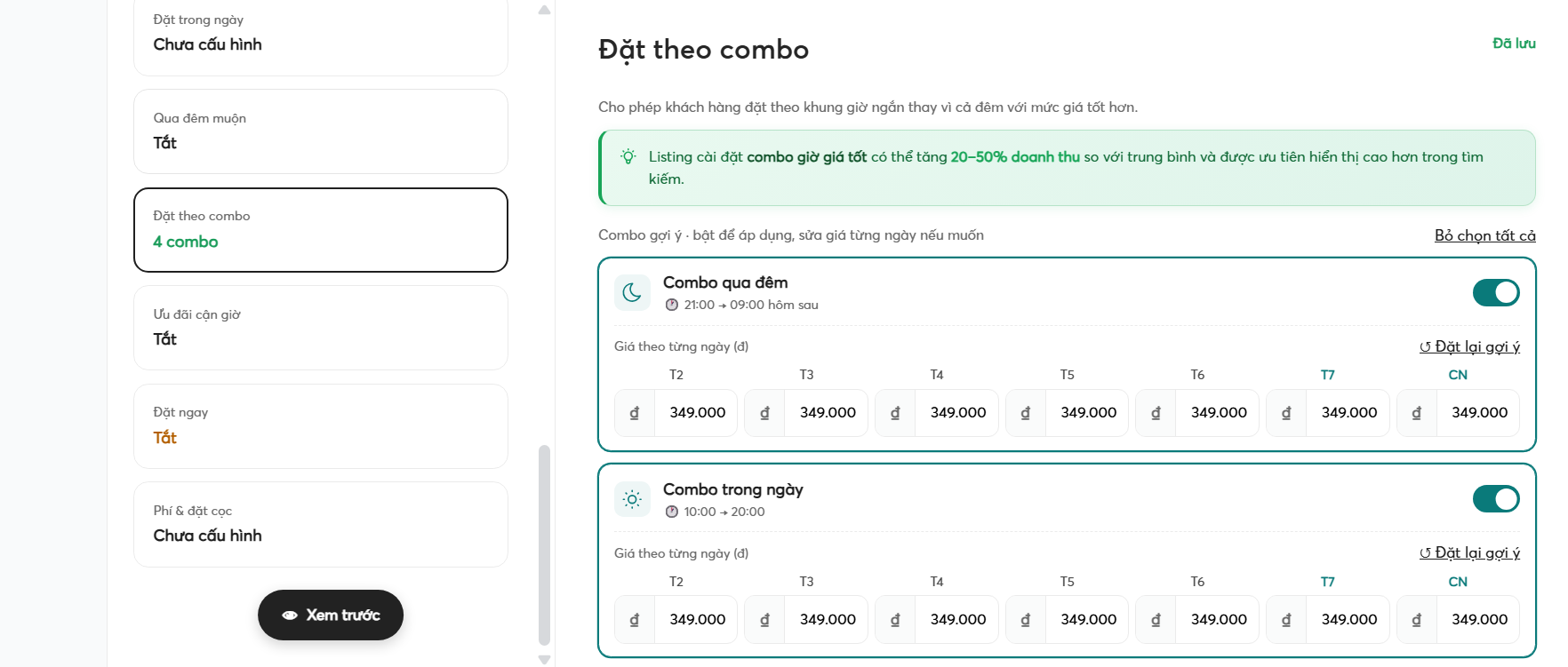 Giao diện sau khi lưu combo giờ - web host