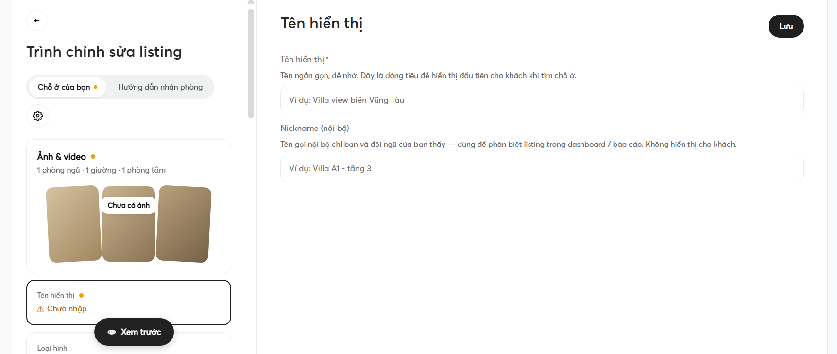 Giao diện sửa tiêu đề listing - web host