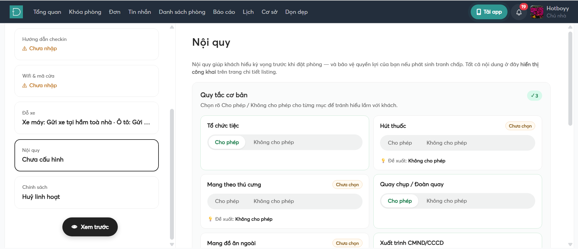 Nội quy - hướng dẫn nhận phòng - listing - web host 