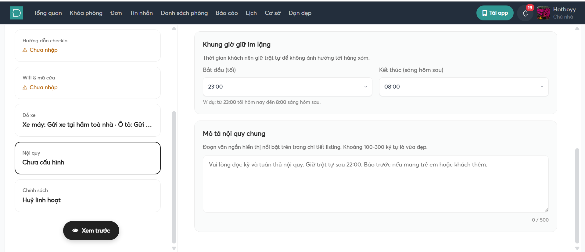 Nội quy text - hướng dẫn nhận phòng - listing - web host