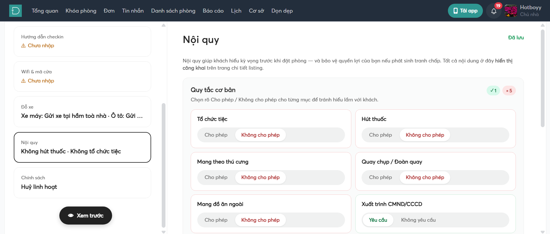 Nội quy đã lưu - hướng dẫn nhận phòng - listing - web host