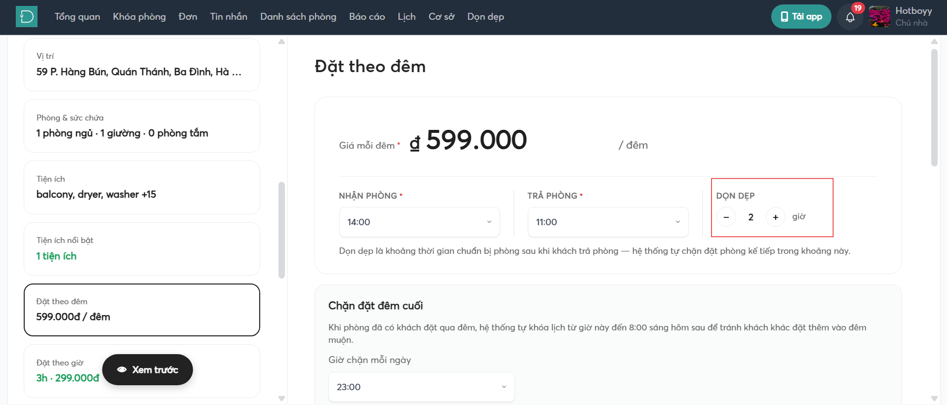 giờ dọn dẹp - listing - web host