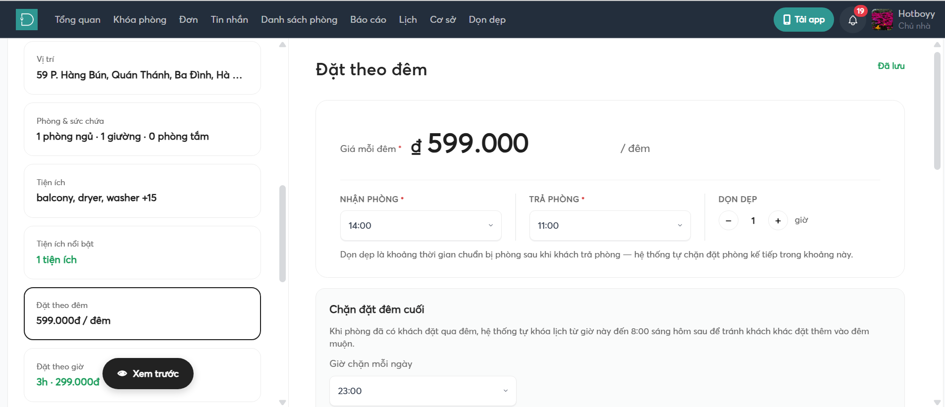 giờ dọn dẹp - đã lưu - listing - web host