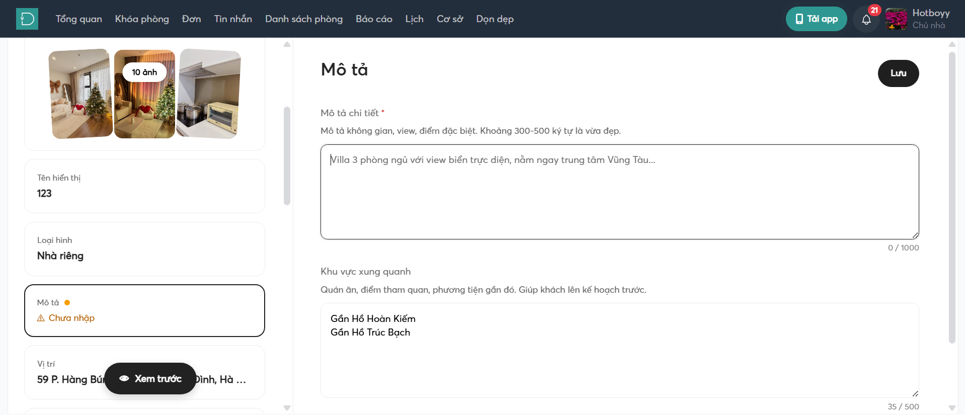 Mô tả - listing - danh sách phòng - web host