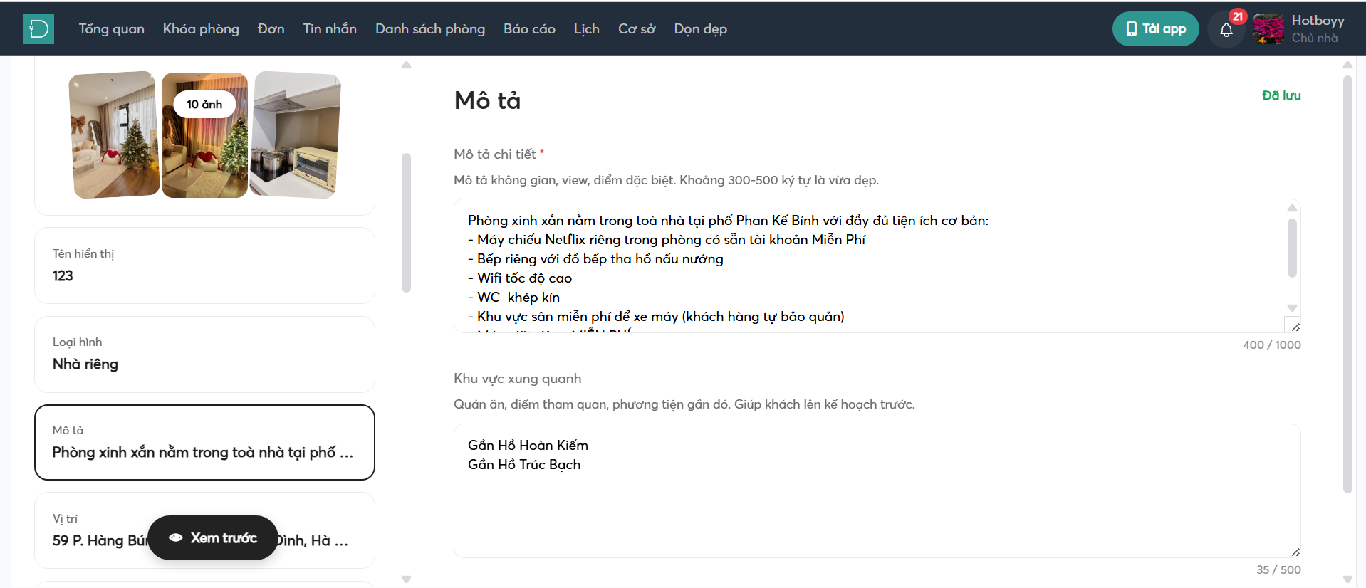 Đã lưu - mô tả - listing - danh sách phòng - web host
