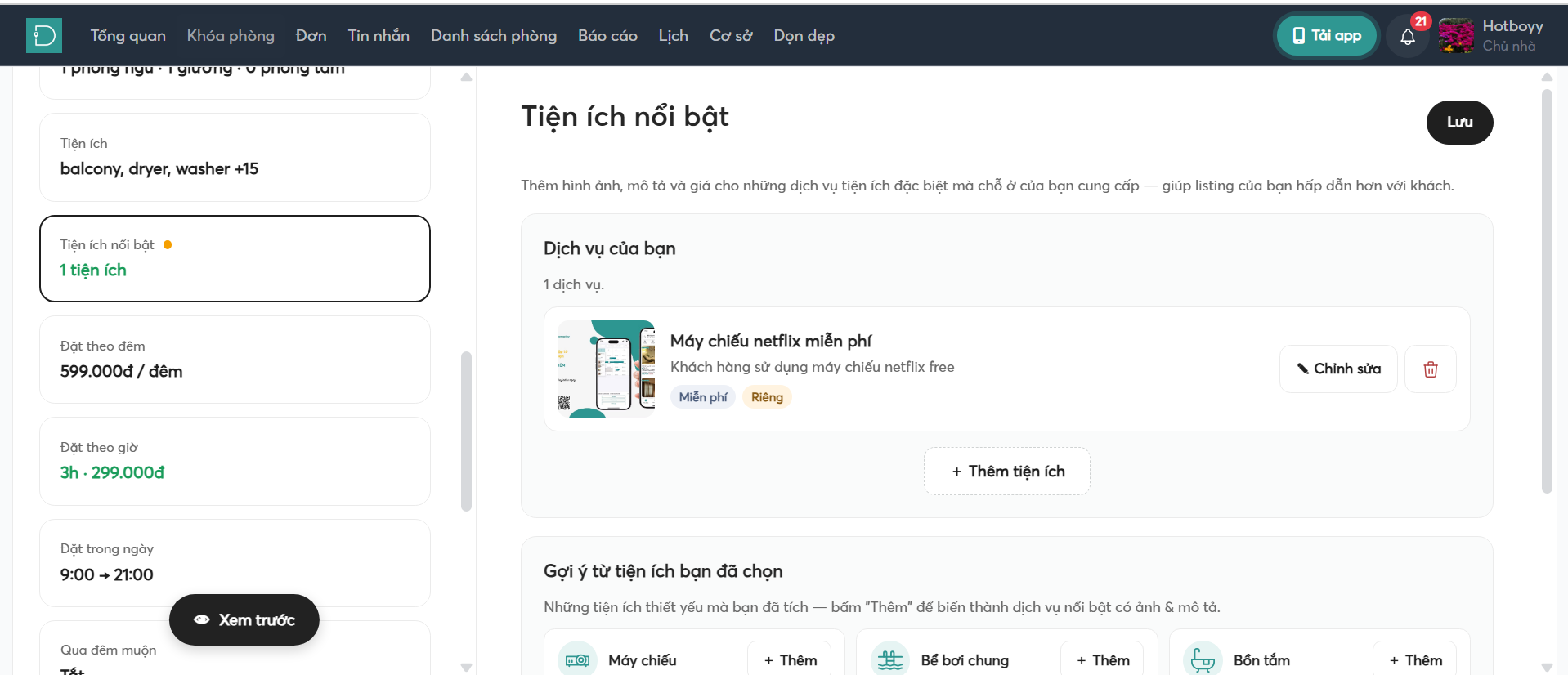 Tiện ích nổi bật- listing - danh sách phòng - web host