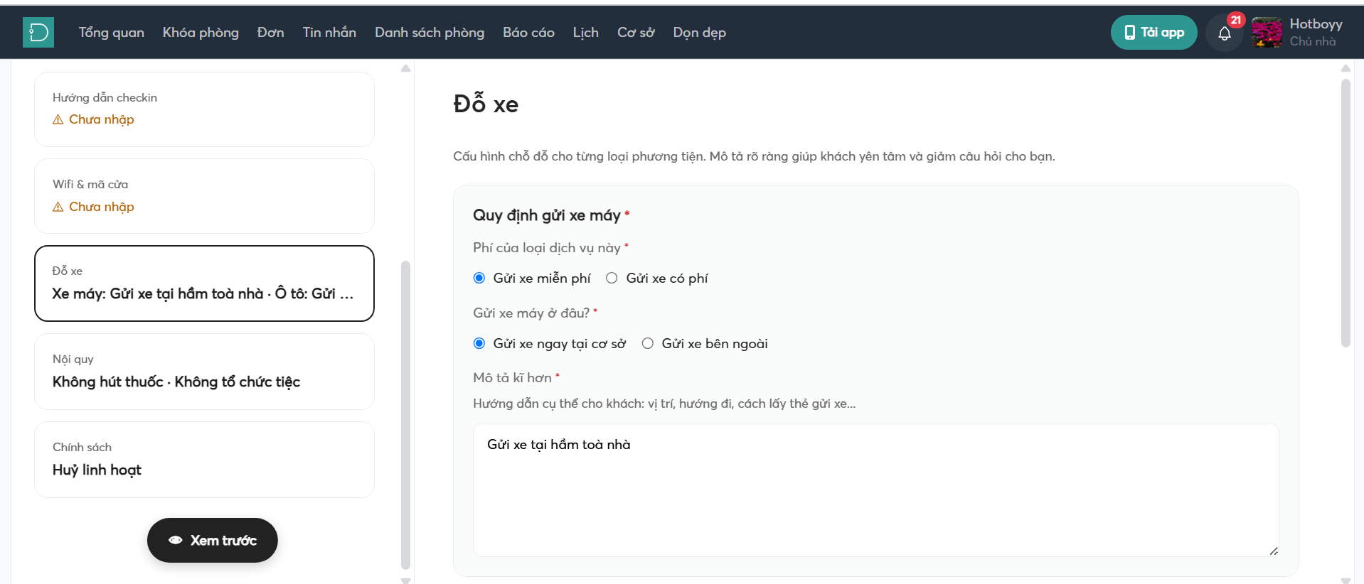 Đỗ xe - listing - danh sách phòng - web host