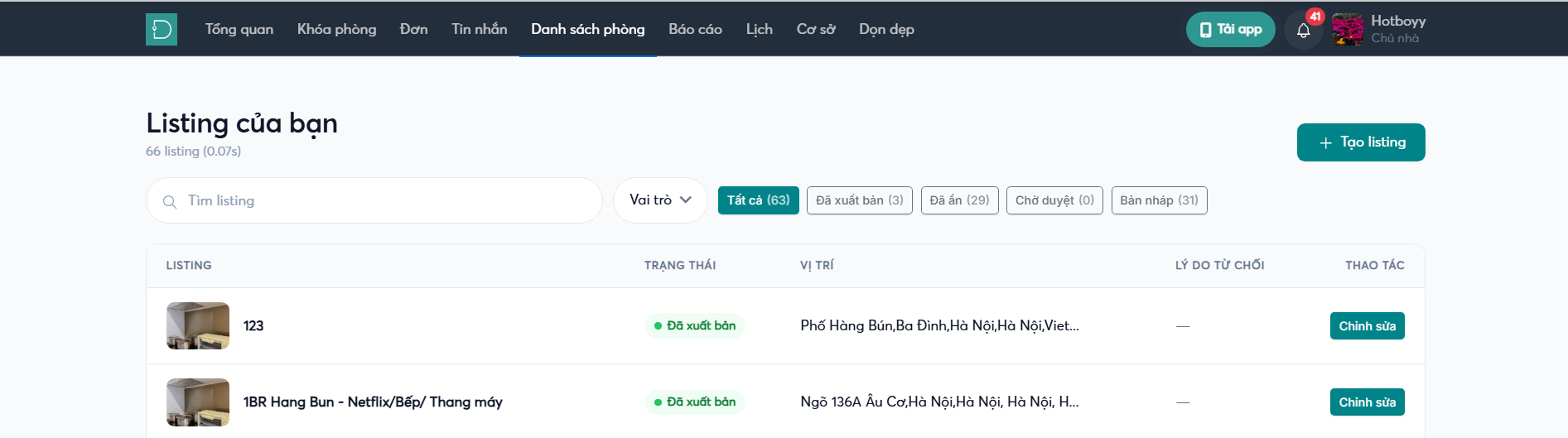 Giao diện danh sách phòng trên web host