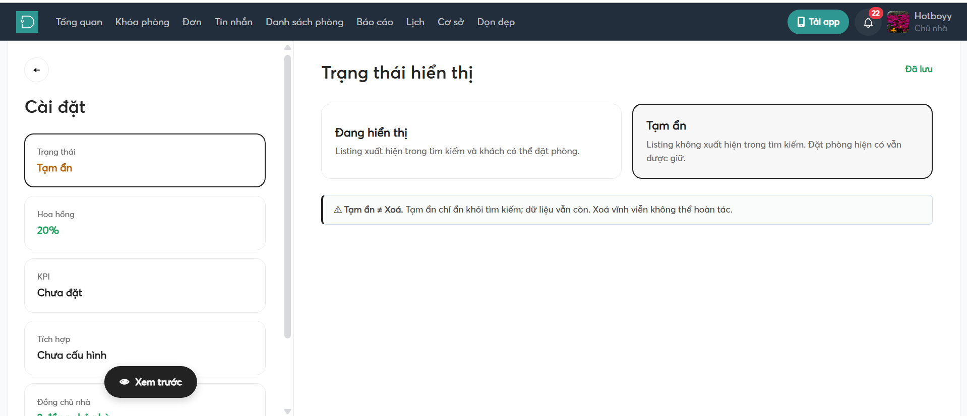 Tạm ẩn listing - web host