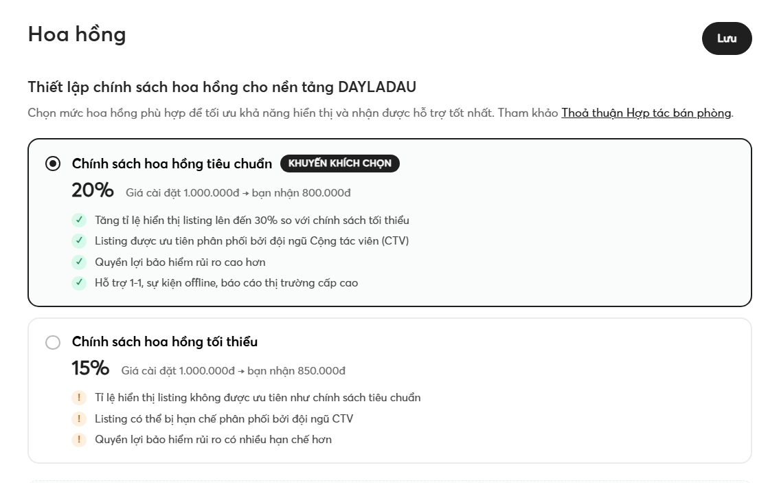 Cài chính sách hoa hồng